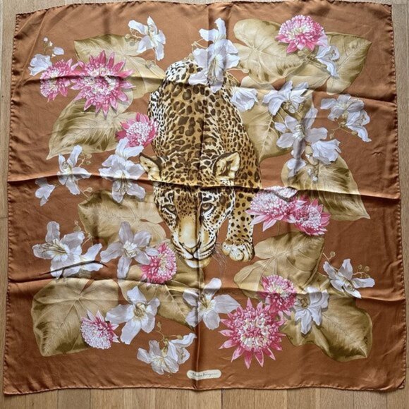 Salvatore Ferragamo Accessories - Vintage Salvatore Ferragamo 100% Silk Scarf Jaguar Orange Gold 33 x 34 Inches